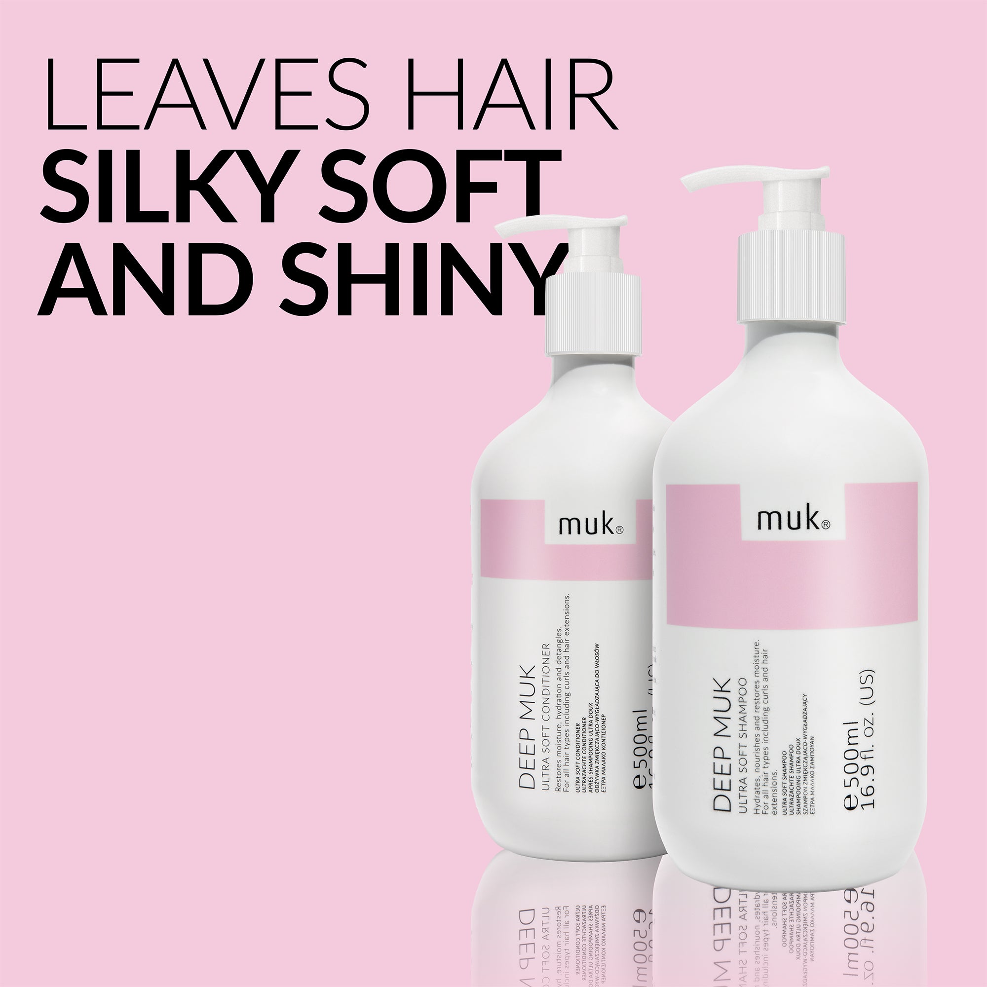 Deep Muk Ultra Soft Repair Duo 500ml shampoo and conditioner set for hydration and frizz control