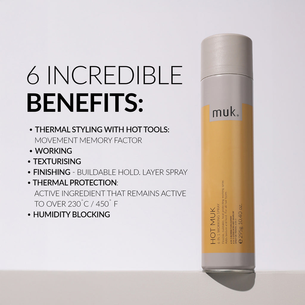 Hot Muk 6 in 1 Working Spray 295g heat protectant and finishing spray benefits