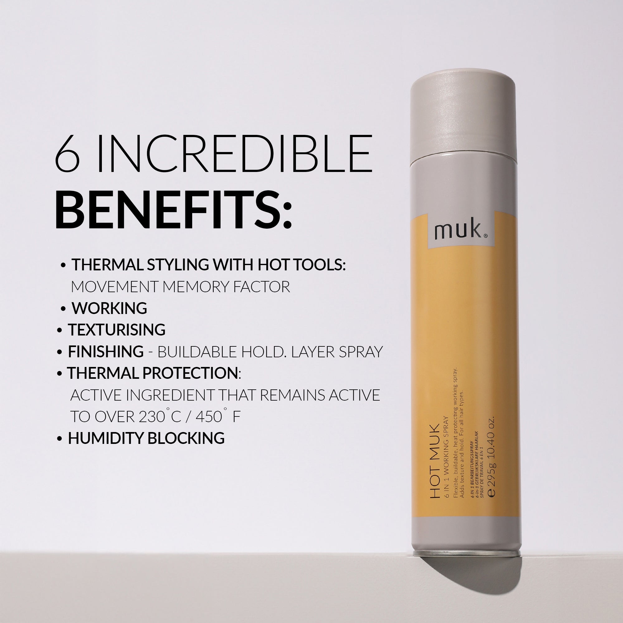 Hot Muk 6 in 1 Working Spray 295g heat protectant and finishing spray benefits