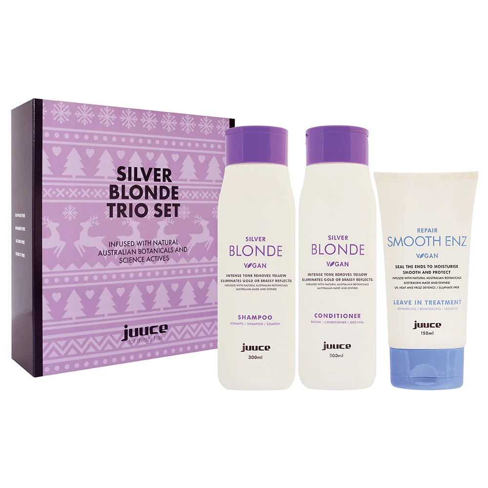 Juuce Silver Blonde Shampoo Conditioner and Repair Smooth Enz Trio