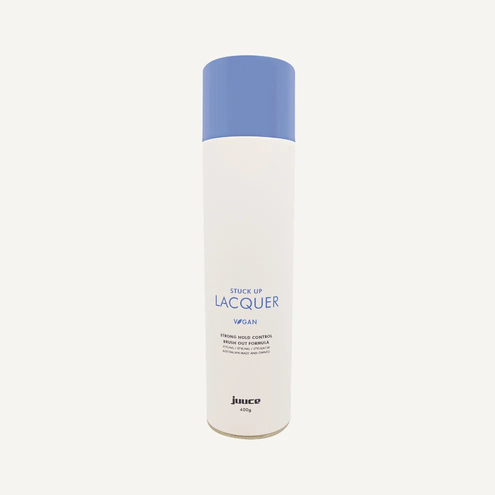Alt Text: Juuce Stuck Up Lacquer 400g maximum hold hairspray for all hair types