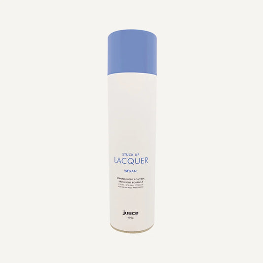 Alt Text: Juuce Stuck Up Lacquer 400g maximum hold hairspray for all hair types