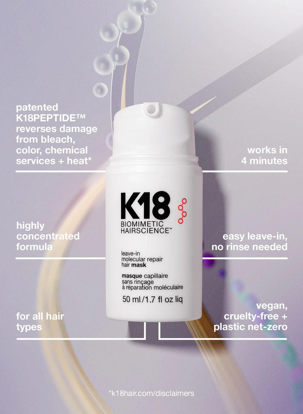 K18 hair mask leave-in treatment for restoring hair elasticity 