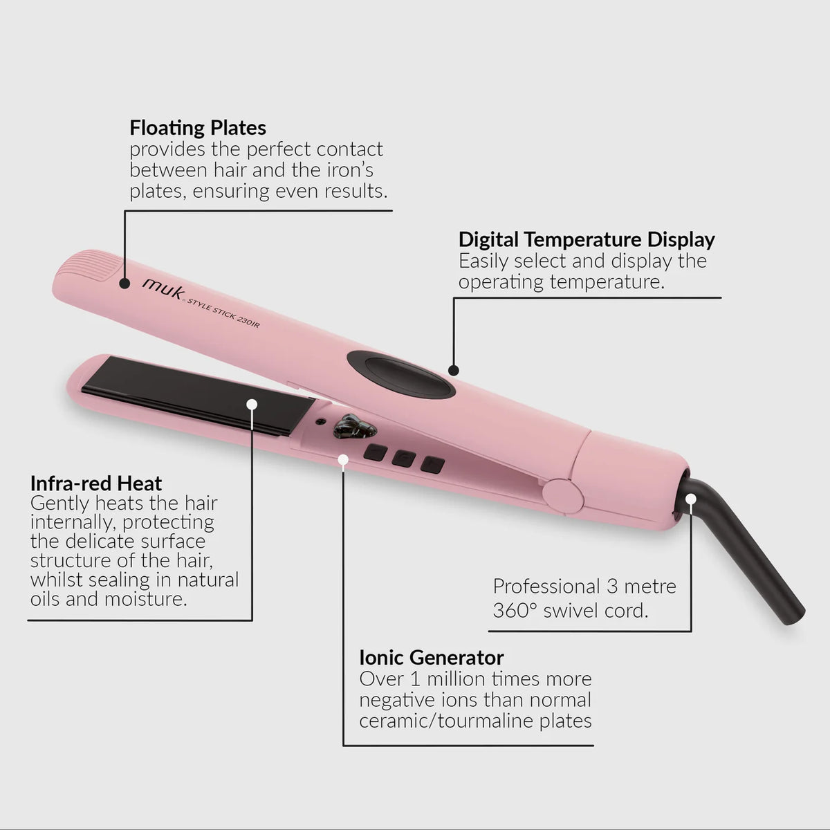 Pink Muk Style Stick 230IR Regular Plate hair straightener