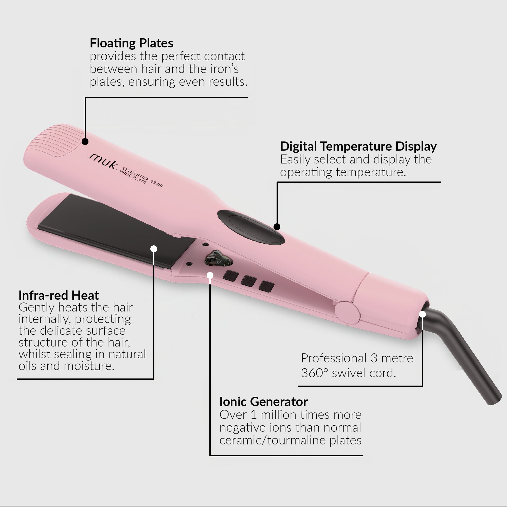 Pink Muk Style Stick wide plate hair straightener for thick hair styling