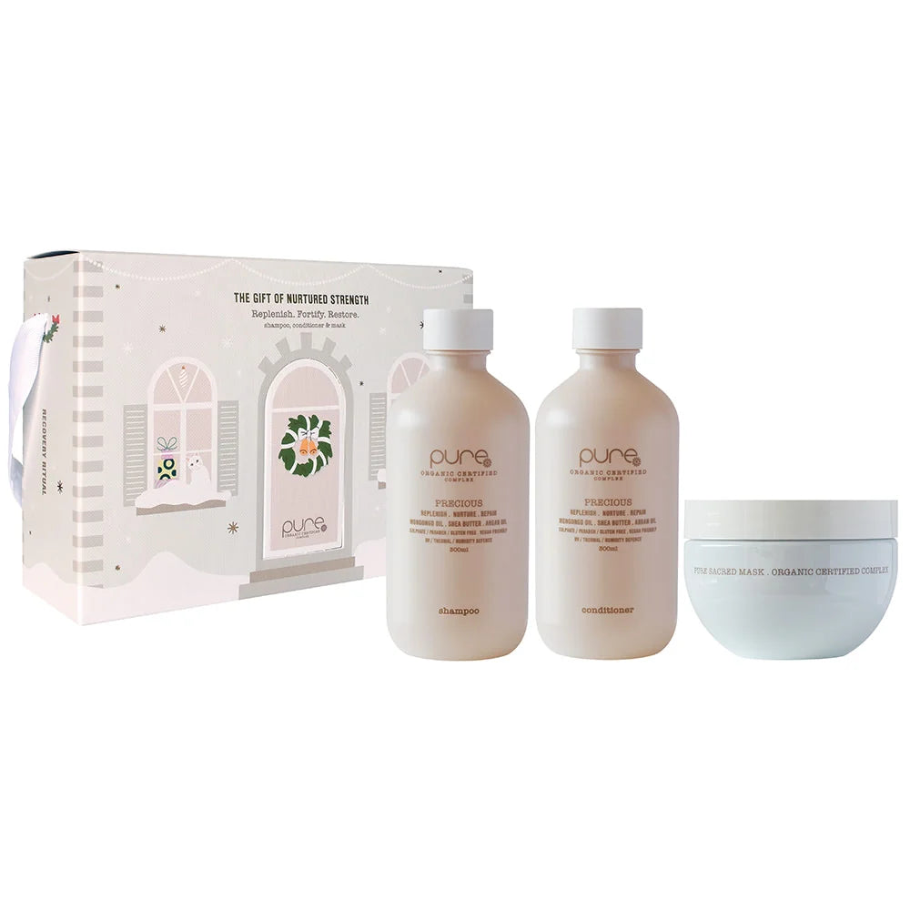 Pure Precious Shampoo Conditioner and Sacred Mask Trio for damaged hair